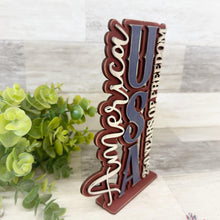 Load image into Gallery viewer, America Birthday Vertical Shelf Sitter Sign File SVG, 250TH, Fireworks, Flag, July Fourth, USA, Tiered Tray Glowforge, LuckyHeartDesignsCo
