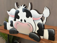 Load image into Gallery viewer, Dairy Cow Shelf Hanging Sitter File SVG, Ledge, Daisy, Flower, Spring Farm, Hanger, Tiered Tray Glowforge LuckyHeartDesignsCo
