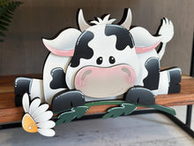 Load image into Gallery viewer, Dairy Cow Shelf Hanging Sitter File SVG, Ledge, Daisy, Flower, Spring Farm, Hanger, Tiered Tray Glowforge LuckyHeartDesignsCo

