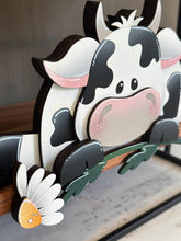 Load image into Gallery viewer, Dairy Cow Shelf Hanging Sitter File SVG, Ledge, Daisy, Flower, Spring Farm, Hanger, Tiered Tray Glowforge LuckyHeartDesignsCo

