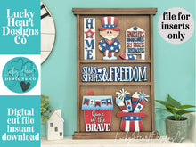 Load image into Gallery viewer, Fourth Of July Wall Collage Shelf Holder Interchangeable Sign File USA Glowforge, America Fireworks Uncle Sam, Standing, LuckyHeartDesignsCo

