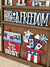 Load image into Gallery viewer, Fourth Of July Wall Collage Shelf Holder Interchangeable Sign File USA Glowforge, America Fireworks Uncle Sam, Standing, LuckyHeartDesignsCo
