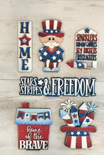 Load image into Gallery viewer, Fourth Of July Wall Collage Shelf Holder Interchangeable Sign File USA Glowforge, America Fireworks Uncle Sam, Standing, LuckyHeartDesignsCo

