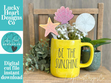 Load image into Gallery viewer, Beach Shells Mug Stick File SVG, Glowforge Tiered Tray, Tray Decor, Summer, Plant Topper, Spring, Stake, Gift, LuckyHeartDesignsCo
