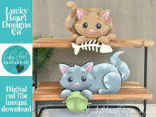 Load image into Gallery viewer, Cat Shelf Hanging Standing Sign File SVG, Hanger, Kitten, Fish, Yarn, Mantle decor, glowforge LuckyHeartDesignsCo
