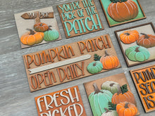 Load image into Gallery viewer, Pumpkins Patch Interchangeable Leaning Sign File SVG, Glowforge, Fall, Harvest, Gourd , Farm, Leaves, LuckyHeartDesignsCo
