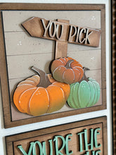 Load image into Gallery viewer, Pumpkins Patch Interchangeable Leaning Sign File SVG, Glowforge, Fall, Harvest, Gourd , Farm, Leaves, LuckyHeartDesignsCo

