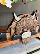Load image into Gallery viewer, Highland Shelf Hanging Sitter File SVG, Ledge, Cow, Daisy, Flower, Spring Farm, Hanger, Tiered Tray Glowforge LuckyHeartDesignsCo
