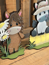 Load image into Gallery viewer, Horse Farm Standing File SVG, Glowforge, Overalls, Daisy, Daisies, Mud, Tiered Tray LuckyHeartDesignsCo

