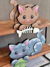 Load image into Gallery viewer, Cat Shelf Hanging Standing Sign File SVG, Hanger, Kitten, Fish, Yarn, Mantle decor, glowforge LuckyHeartDesignsCo
