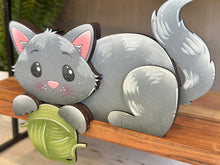 Load image into Gallery viewer, Cat Shelf Hanging Standing Sign File SVG, Hanger, Kitten, Fish, Yarn, Mantle decor, glowforge LuckyHeartDesignsCo
