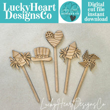 Load image into Gallery viewer, July Fourth Mug Stick File SVG, Glowforge Tiered Tray, America, USA, Fireworks, Flag, Summer Plant Topper, Gift, LuckyHeartDesignsCo

