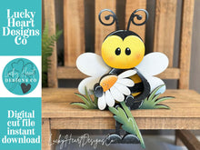 Load image into Gallery viewer, Bee Shelf Hanging Sitter File SVG, Ledge, Daisy, Bumble, Flower, Spring Farm, Hanger, Tiered Tray Glowforge LuckyHeartDesignsCo
