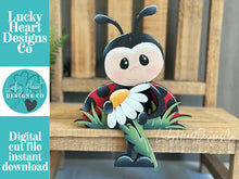Load image into Gallery viewer, Lady Bug Shelf Hanging Sitter File SVG, Ledge, Daisy, Daisies, Flower, Spring Farm, Hanger, Tiered Tray Glowforge LuckyHeartDesignsCo
