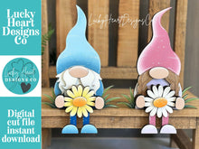 Load image into Gallery viewer, Gnome Daisy Shelf Hanging Sitter File SVG, Ledge, Daisy, Gnomes, Flower, Spring Farm, Hanger, Tiered Tray Glowforge LuckyHeartDesignsCo
