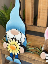 Load image into Gallery viewer, Gnome Daisy Shelf Hanging Sitter File SVG, Ledge, Daisy, Gnomes, Flower, Spring Farm, Hanger, Tiered Tray Glowforge LuckyHeartDesignsCo
