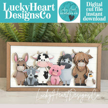 Load image into Gallery viewer, Farm Friends Shiplap Sign File SVG, Highland Cow, Chicken, Pig, Goat, Horse, Donkey, Barn Buddies, Glowforge, LuckyHeartDesignsCo
