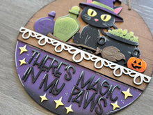 Load image into Gallery viewer, Black Cat Halloween Holiday Door Sign Interchangeable File, SVG Cauldron, Witch, Spooky, Potion, Spider, Seasonal, Home, Welcome, glowforge
