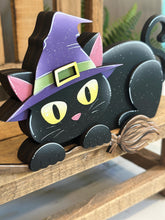 Load image into Gallery viewer, Black Cat Shelf Hanging File SVG, Hanger, Kitten, Witch, Halloween, Broom, Candy, Trick or Treat Mantle decor, glowforge LuckyHeartDesignsCo
