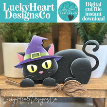 Load image into Gallery viewer, Black Cat Shelf Hanging File SVG, Hanger, Kitten, Witch, Halloween, Broom, Candy, Trick or Treat Mantle decor, glowforge LuckyHeartDesignsCo

