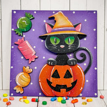 Load image into Gallery viewer, Black Cat Candy Interchangeable Leaning Sign File SVG, Glowforge Tiered Tray, Witch, Halloween, Boo, Trick or Treat, LuckyHeartDesignsCo

