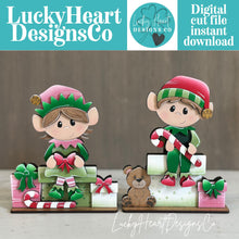 Load image into Gallery viewer, Elves Shelf Hanging File SVG, Ledge, Christmas, Elf, Santa, Presents, Candy Cane, Hanger, Tiered Tray Glowforge LuckyHeartDesignsCo
