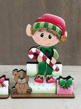 Load image into Gallery viewer, Elves Shelf Hanging File SVG, Ledge, Christmas, Elf, Santa, Presents, Candy Cane, Hanger, Tiered Tray Glowforge LuckyHeartDesignsCo
