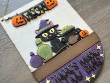 Load image into Gallery viewer, Black Cat Halloween Holiday Door Sign Interchangeable File, SVG Cauldron, Witch, Spooky, Potion, Spider, Seasonal, Home, Welcome, glowforge
