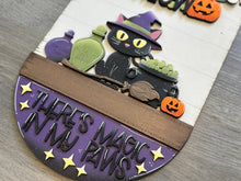 Load image into Gallery viewer, Black Cat Halloween Holiday Door Sign Interchangeable File, SVG Cauldron, Witch, Spooky, Potion, Spider, Seasonal, Home, Welcome, glowforge
