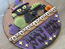 Load image into Gallery viewer, Black Cat Halloween Holiday Door Sign Interchangeable File, SVG Cauldron, Witch, Spooky, Potion, Spider, Seasonal, Home, Welcome, glowforge
