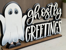 Load image into Gallery viewer, Ghostly Greetings Shelf Sitter File SVG, Halloween, Costume, Jack-o-lantern, Trick Or Treat Tiered Tray Glowforge, LuckyHeartDesignsCo
