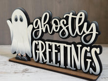 Load image into Gallery viewer, Ghostly Greetings Shelf Sitter File SVG, Halloween, Costume, Jack-o-lantern, Trick Or Treat Tiered Tray Glowforge, LuckyHeartDesignsCo
