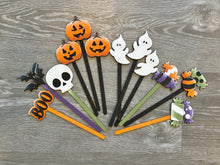 Load image into Gallery viewer, Halloween Mug Stick File SVG, Glowforge Tiered Tray, Ghost, Bat, Candy, Skull, Pumpkin, Plant Topper, Gift, LuckyHeartDesignsCo
