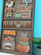 Load image into Gallery viewer, Pumpkin Fall Wall Collage Shelf Holder Interchangeable Sign File Glowforge, Farm, Scarecrow, Standing, LuckyHeartDesignsCo
