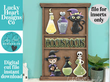 Load image into Gallery viewer, Witch Halloween Wall Collage Shelf Holder Interchangeable Sign File Glowforge, Cat, Potion, Cat, Skull Standing, LuckyHeartDesignsCo
