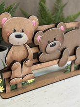 Load image into Gallery viewer, Teddy Bear Shelf Hanging Sitter File SVG, Hanger, Ledge, Love, Heart, Farm, Woodland, Tiered Tray Glowforge LuckyHeartDesignsCo
