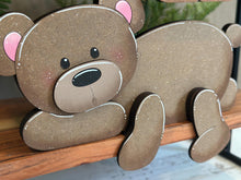 Load image into Gallery viewer, Teddy Bear Shelf Hanging Sitter File SVG, Hanger, Ledge, Love, Heart, Farm, Woodland, Tiered Tray Glowforge LuckyHeartDesignsCo
