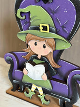 Load image into Gallery viewer, Witch Halloween Chair Interchangeable Shelf Sitter Hanging File SVG, Ledge, Hanger, Tiered Tray Glowforge LuckyHeartDesignsCo
