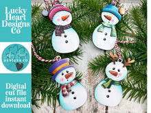 Load image into Gallery viewer, Snowman Christmas Ornament File SVG, Glowforge, Santa, Reindeer, Candy Cane, Snowmen, Elf, Rudolph, Wreath, LuckyHeartDesignsCo
