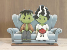 Load image into Gallery viewer, Frankenstein and Bride Shelf Hanging File SVG, Ledge, Halloween, Skull, Jack-o-lantern, Hanger, Tiered Tray Glowforge LuckyHeartDesignsCo
