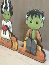 Load image into Gallery viewer, Frankenstein and Bride Shelf Hanging File SVG, Ledge, Halloween, Skull, Jack-o-lantern, Hanger, Tiered Tray Glowforge LuckyHeartDesignsCo
