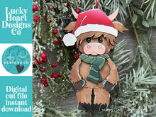 Load image into Gallery viewer, Highland Cow Santa Standing Christmas Ornament File SVG, Glowforge, Cow, Farm, LuckyHeartDesignsCo
