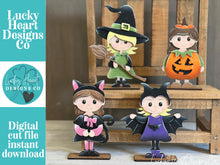 Load image into Gallery viewer, Halloween Girl Costume Standing File SVG, Pumpkin, Witch, Bat, Cat Jack-o-lantern, Trick Or Treat Tiered Tray Glowforge, LuckyHeartDesignsCo

