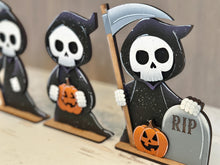 Load image into Gallery viewer, Grim Reaper Halloween Standing File SVG, Skeleton Jack-o-lantern, Boo, Tombstone, Trick Or Treat Tiered Tray Glowforge, LuckyHeartDesignsCo
