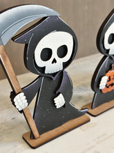Load image into Gallery viewer, Grim Reaper Halloween Standing File SVG, Skeleton Jack-o-lantern, Boo, Tombstone, Trick Or Treat Tiered Tray Glowforge, LuckyHeartDesignsCo
