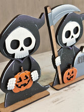 Load image into Gallery viewer, Grim Reaper Halloween Standing File SVG, Skeleton Jack-o-lantern, Boo, Tombstone, Trick Or Treat Tiered Tray Glowforge, LuckyHeartDesignsCo
