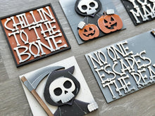 Load image into Gallery viewer, Grim Reaper Interchangeable Leaning Sign File SVG, Glowforge Tiered Tray, Halloween, Skull, Skeleton, Boo Trick or Treat LuckyHeartDesignsCo
