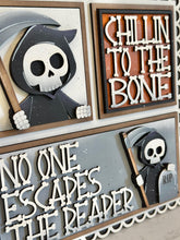 Load image into Gallery viewer, Grim Reaper Interchangeable Leaning Sign File SVG, Glowforge Tiered Tray, Halloween, Skull, Skeleton, Boo Trick or Treat LuckyHeartDesignsCo
