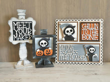 Load image into Gallery viewer, Grim Reaper Interchangeable Leaning Sign File SVG, Glowforge Tiered Tray, Halloween, Skull, Skeleton, Boo Trick or Treat LuckyHeartDesignsCo
