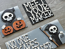 Load image into Gallery viewer, Grim Reaper Interchangeable Leaning Sign File SVG, Glowforge Tiered Tray, Halloween, Skull, Skeleton, Boo Trick or Treat LuckyHeartDesignsCo
